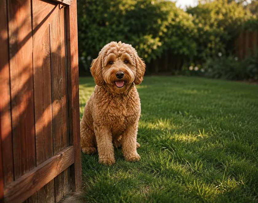 A dog sitting on the lawn just inside an open wooden side gate