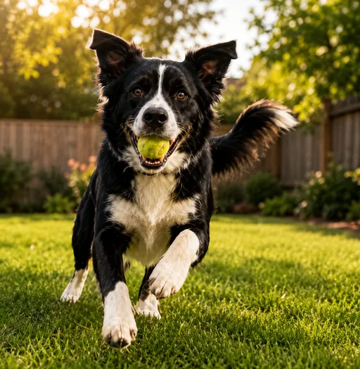 A dog running with a tennis ball on a clean lawn