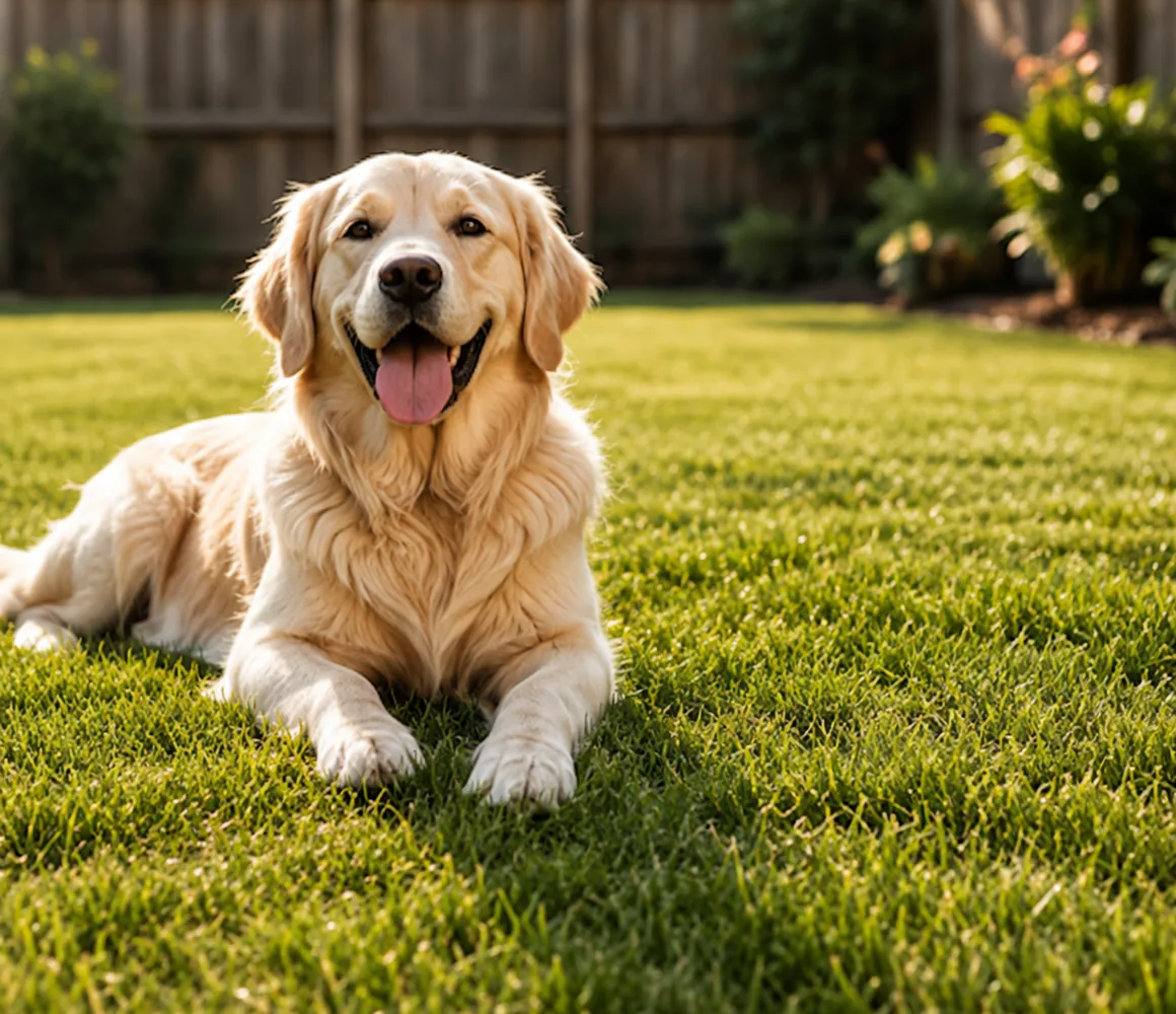 A golden retriever relaxing on a clean green lawn