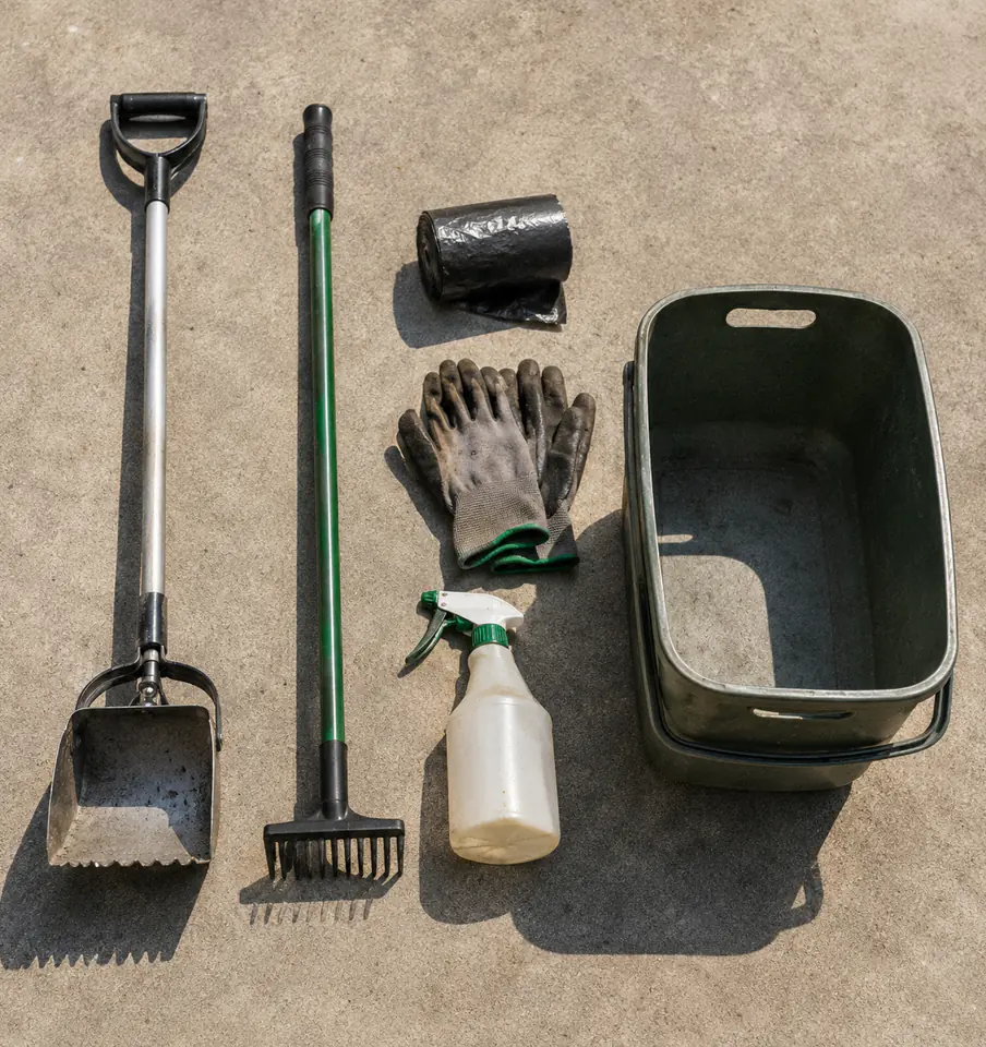 A scoop, rake, roll of bags, work gloves, spray bottle and carry bin laid out on a driveway